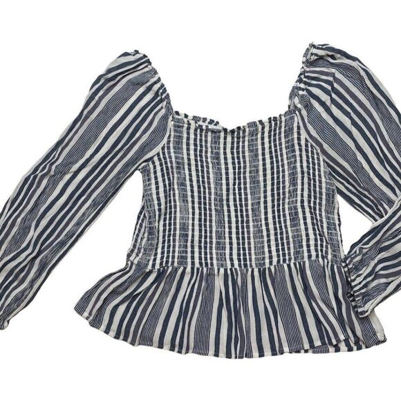 American Eagle Outfitters AEO Blue White Stripe Smocked 3/4 Sleeve Top Medium‎ - Picture 4 of 7
